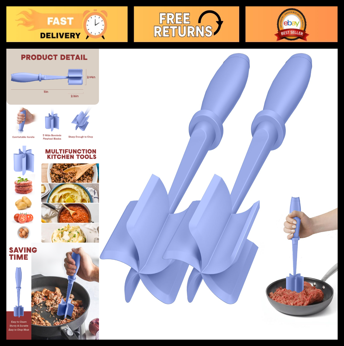 2Pack Meat Chopper Hamburger Smasher, Heat Resistant Nylon, Non Stick Mixer, Dis0