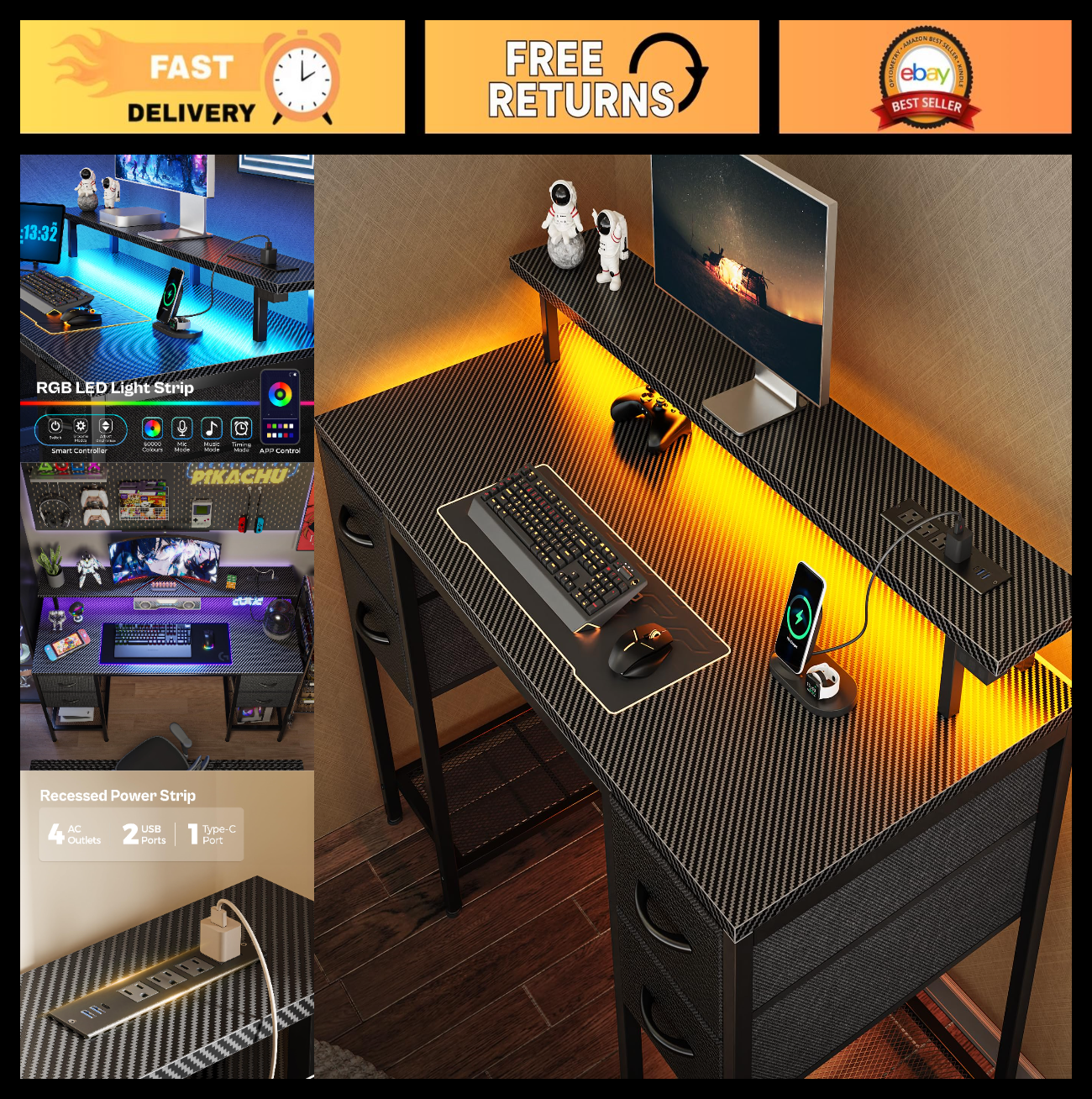 47 Inch Gaming Desk with LED Lights, Power Outlets & 4 Drawers - Home Office Fur0