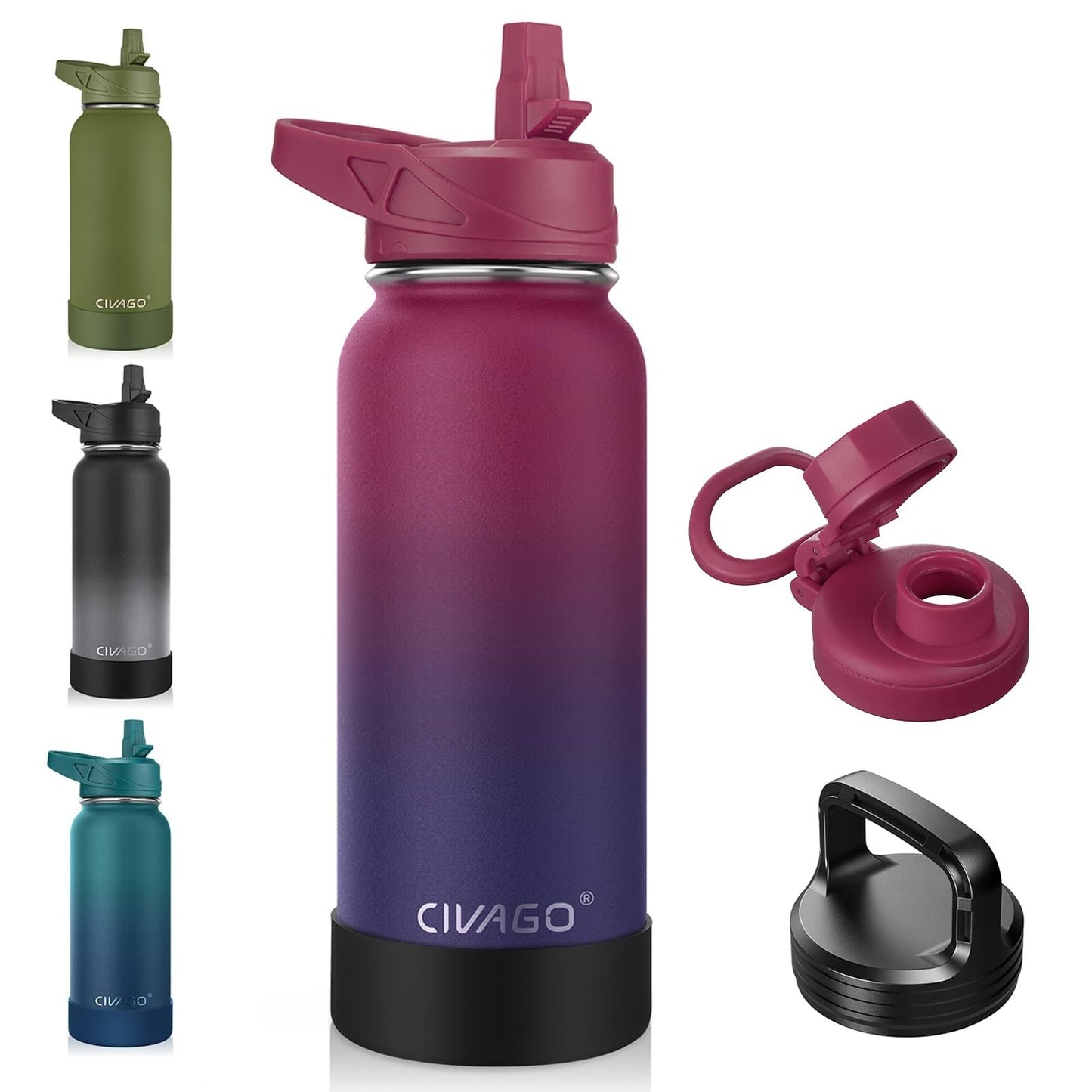 32 oz Insulated Stainless Steel Water Bottle with Straw & 3 Lids   Dark Rainbow1