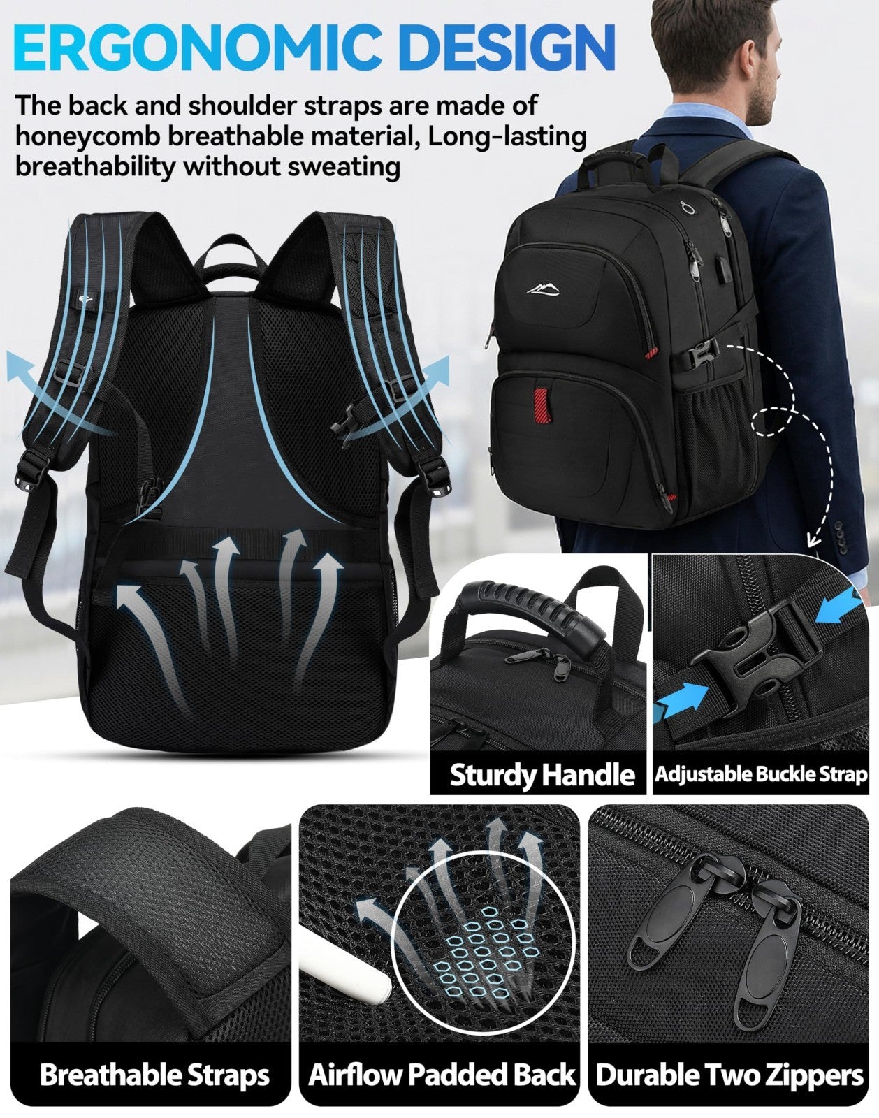 Extra Large Anti Theft Travel Laptop Backpack, TSA Approved, USB Charging, Fits4