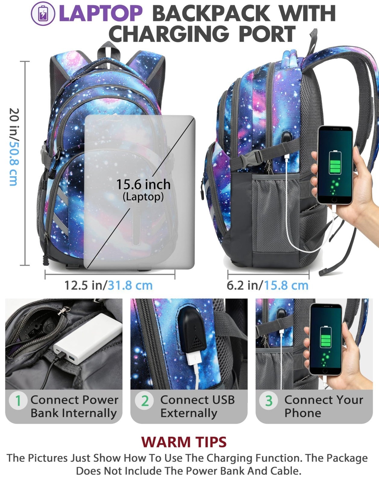 College Laptop Backpack, Travel Bookbag with USB Charging Port, Anti Theft, Fits3