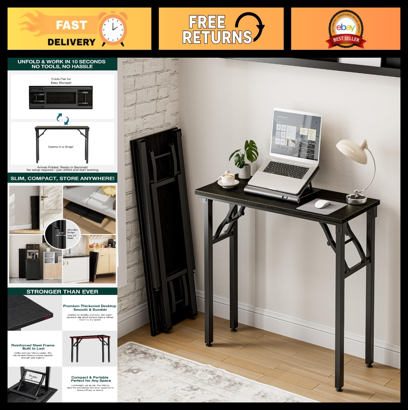 Compact Folding Laptop Desk - 35.8" Portable Table for Small Spaces, Easy Setup0