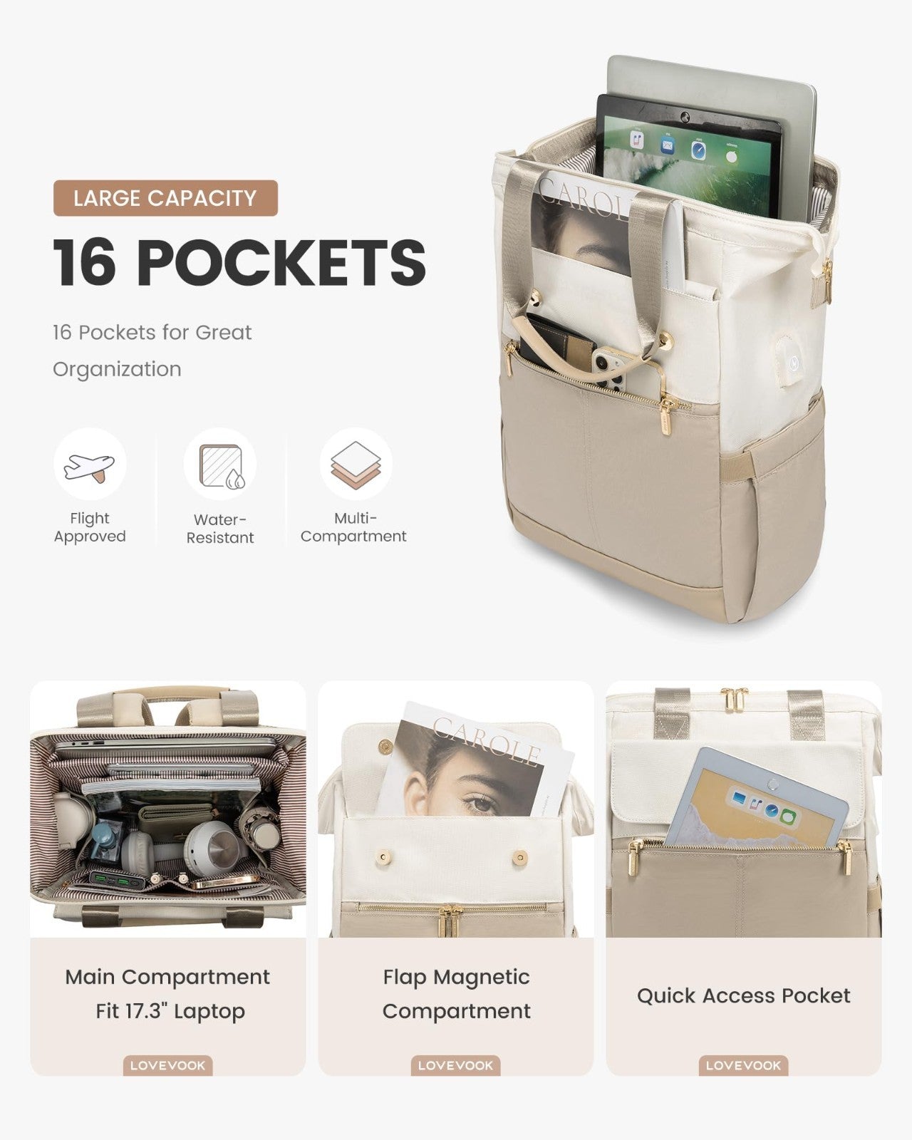Large Capacity 17.3" Laptop Backpack for Women, Waterproof Travel Bag with USB P2