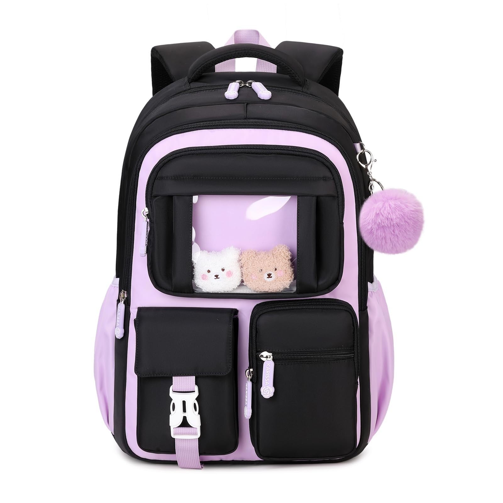 Kawaii Girls School Backpack - Cute Black & Purple Book Bag for Middle & Element8