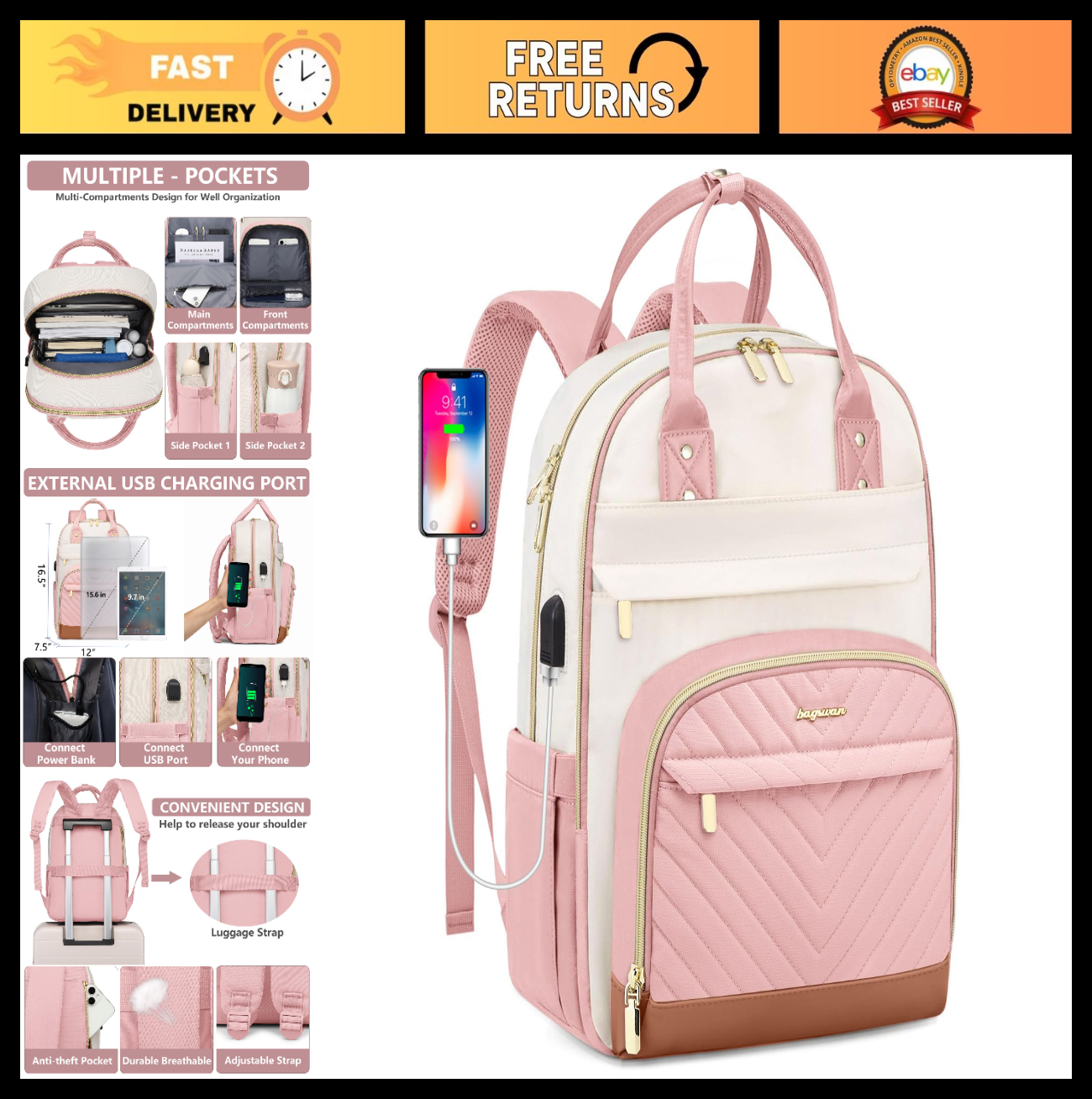 Stylish Waterproof School Backpack for Women & Teens   15.6" Laptop Bag with USB0
