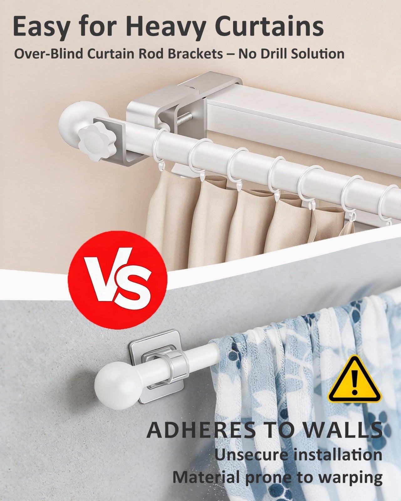 No Drill Curtain Rod Brackets for Outside-Mount Blinds, Tool-Free Holders, 3 Pac3