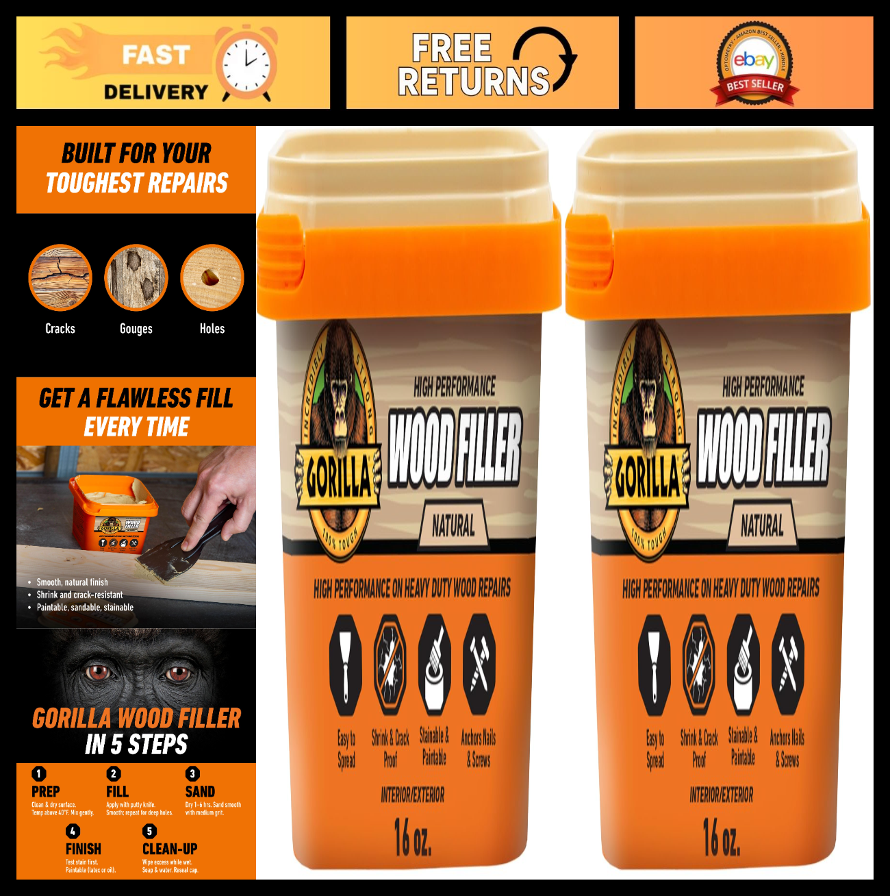 All Purpose Wood Filler   Natural Finish, 16oz Tub (2 Pack)   Water Resistant fo0