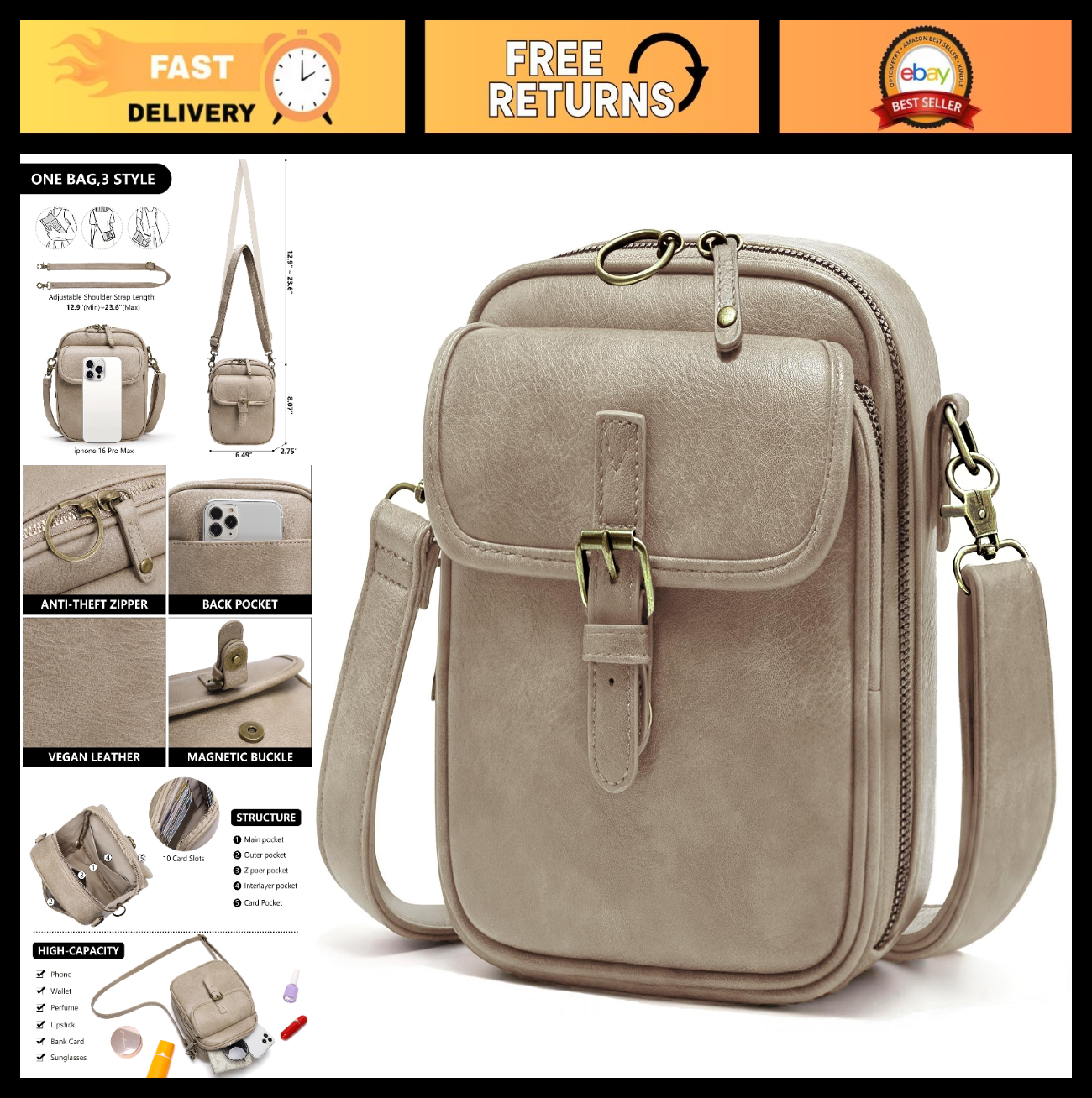 Vegan Leather Crossbody Bag for Women - Vintage Anti-Theft Messenger Purse with0