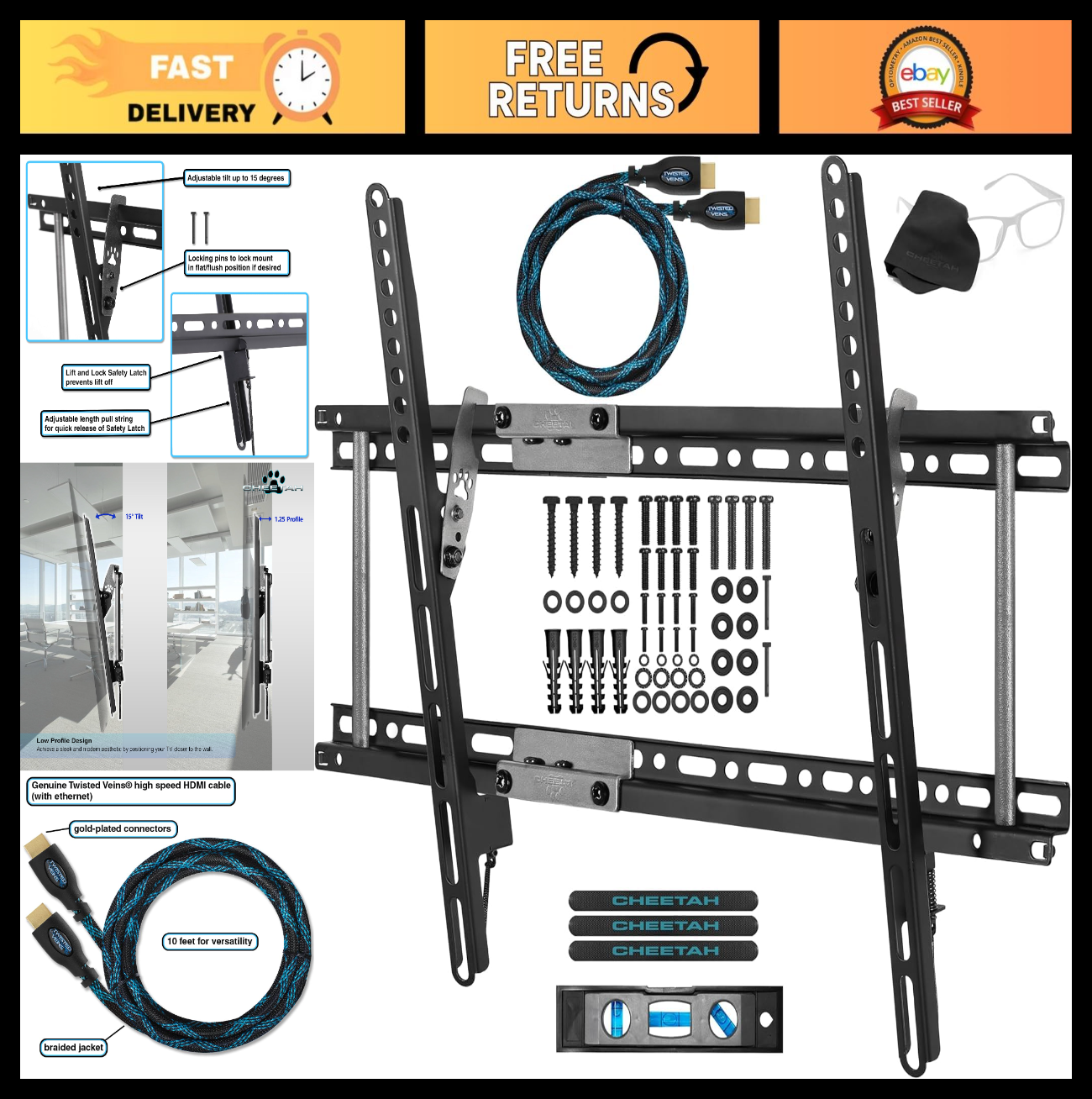 Universal Tilt TV Wall Mount for 32-86" TVs, Max VESA 600x400mm, 165lbs, 10ft HD0