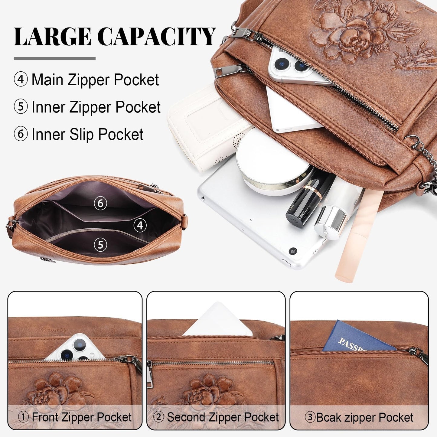 Stylish Vegan Leather Crossbody Bag for Women, Embossed Design, Trendy Purse3