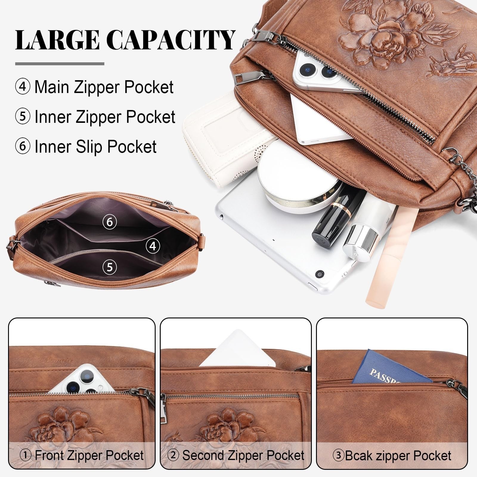 Stylish Vegan Leather Crossbody Bag for Women, Embossed Design, Trendy Purse3