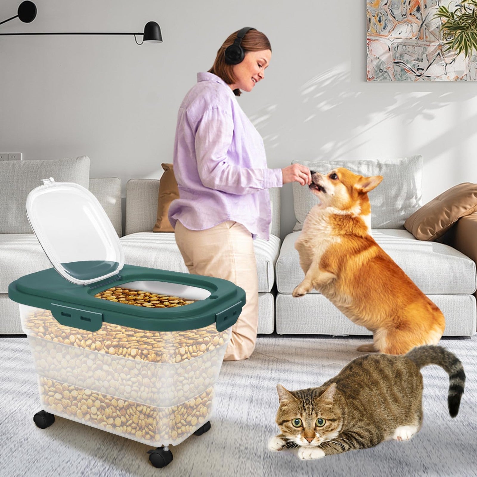 Airtight Pet Food Storage Container, Collapsible Dog Food Bin 17-20 lb with Whee2
