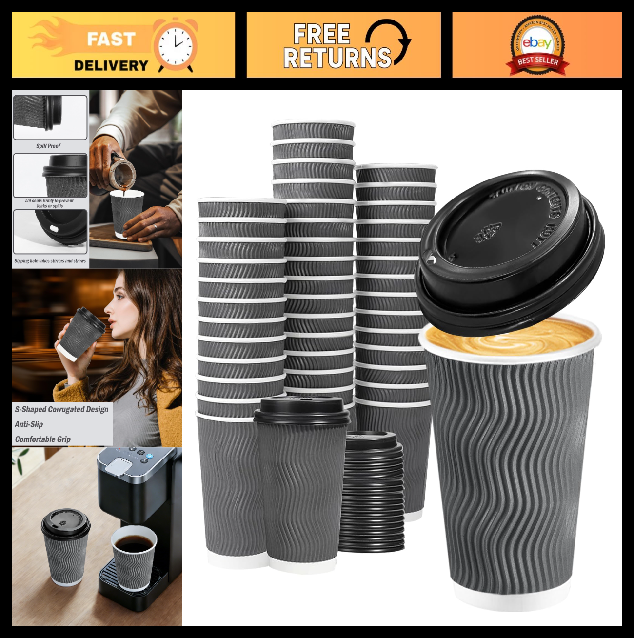 50 Pack 10 oz Insulated Disposable Coffee Cups with Lids for Hot Drinks, Travel0