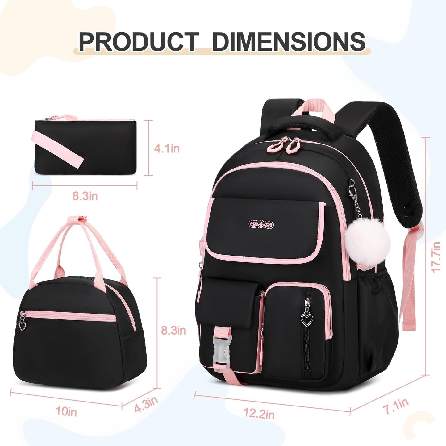 3PCS Girls School Backpack Set with Lunch Box & Pencil Pouch   Stylish & Durable2