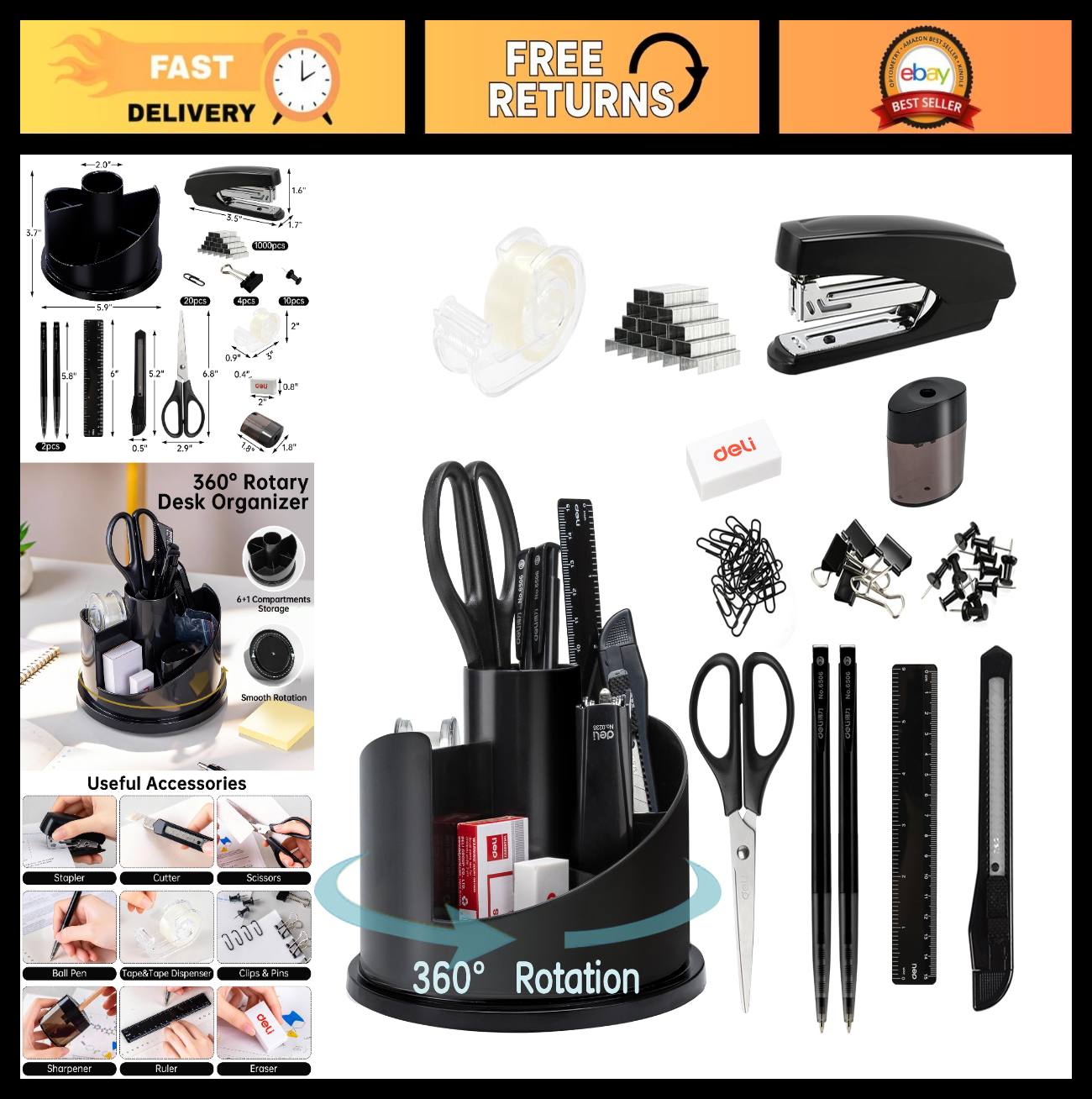 Office Supplies Set   Desk Organizer Kit, Black   Essential Deli Accessories0