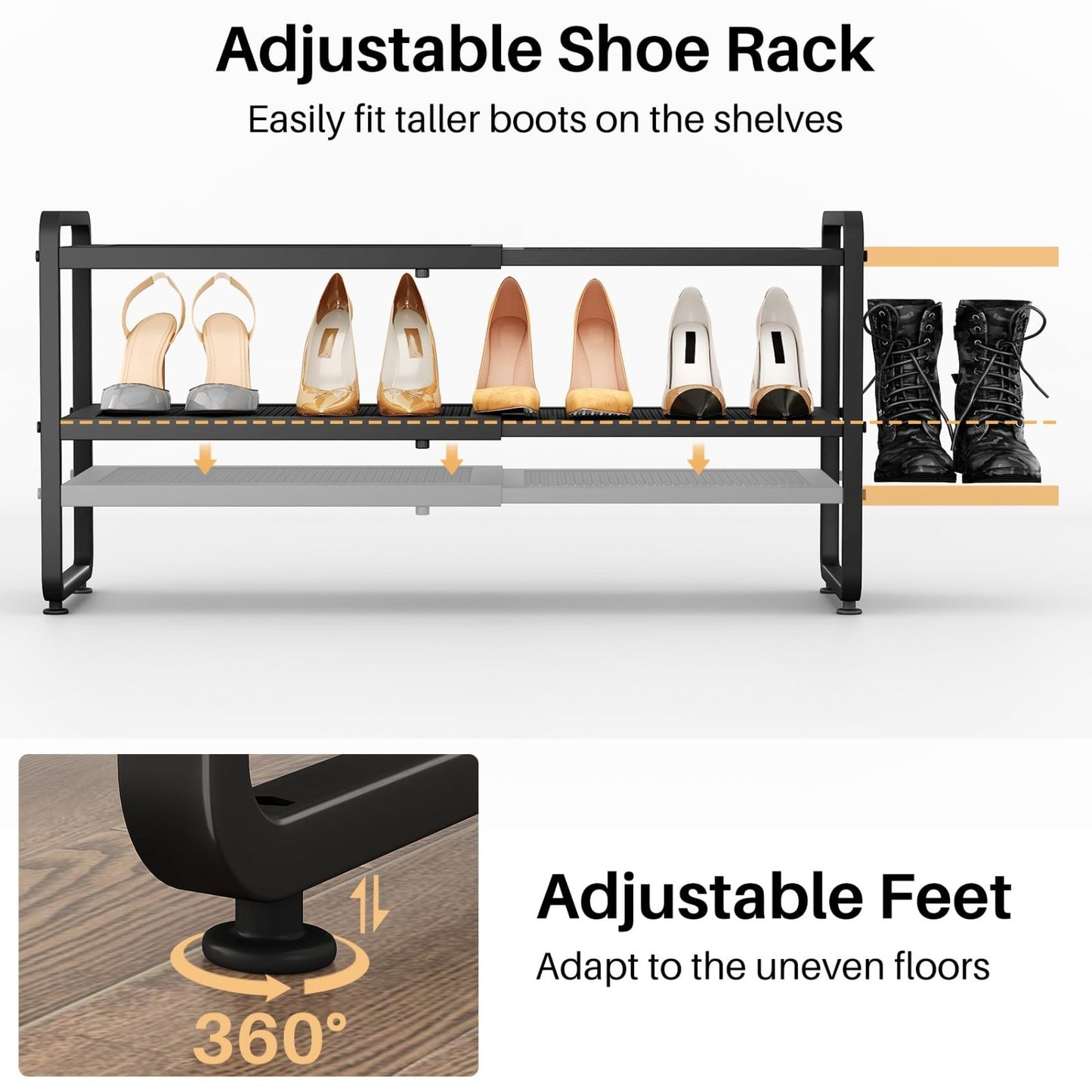 Expandable 2 Tier Metal Shoe Rack   Adjustable Height, Stackable, Fits Small Spa6
