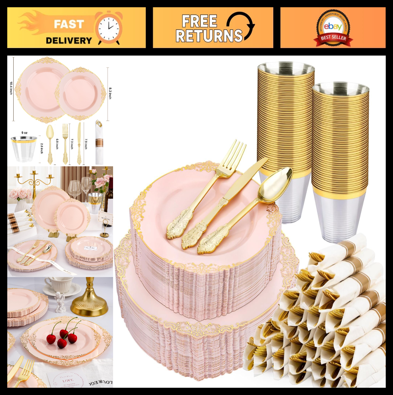 350-Piece Pink Disposable Dinnerware Set for 50 Guests | Plates, Silverware, Cup0