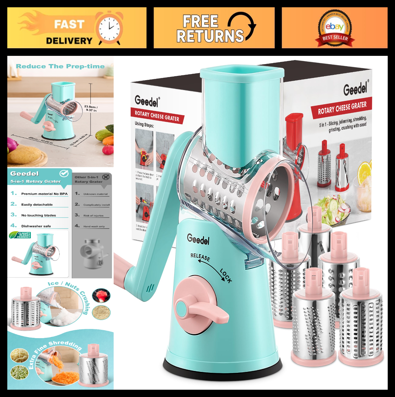 Rotary Cheese Grater & Vegetable Slicer   5 Blades, Stainless Steel, Fast Cuttin0