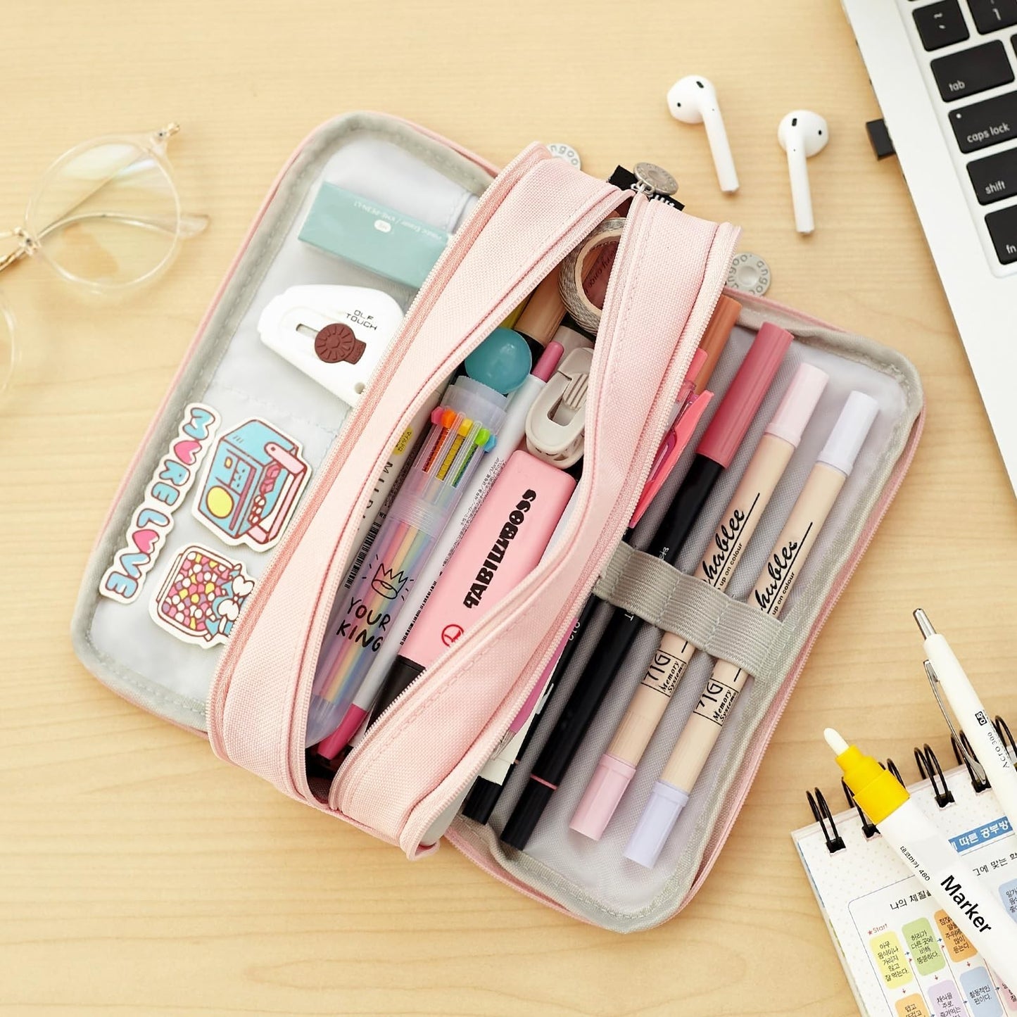 Large Capacity 3 Compartment Pencil Case Pouch for School, Teens & Adults   Pink6