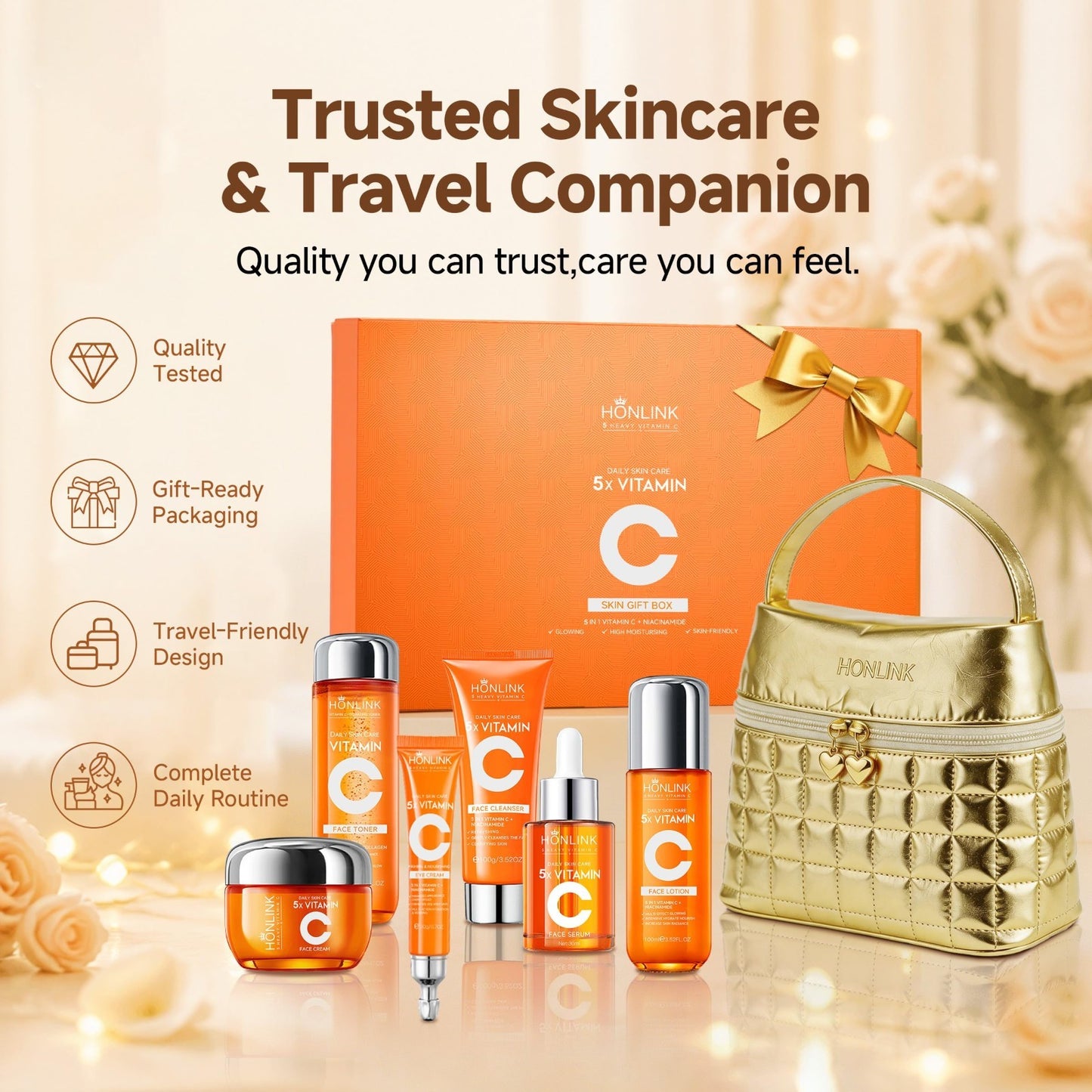 Vitamin C Skincare Gift Set Bundle with Gold Cosmetic Bag   Perfect for Her8