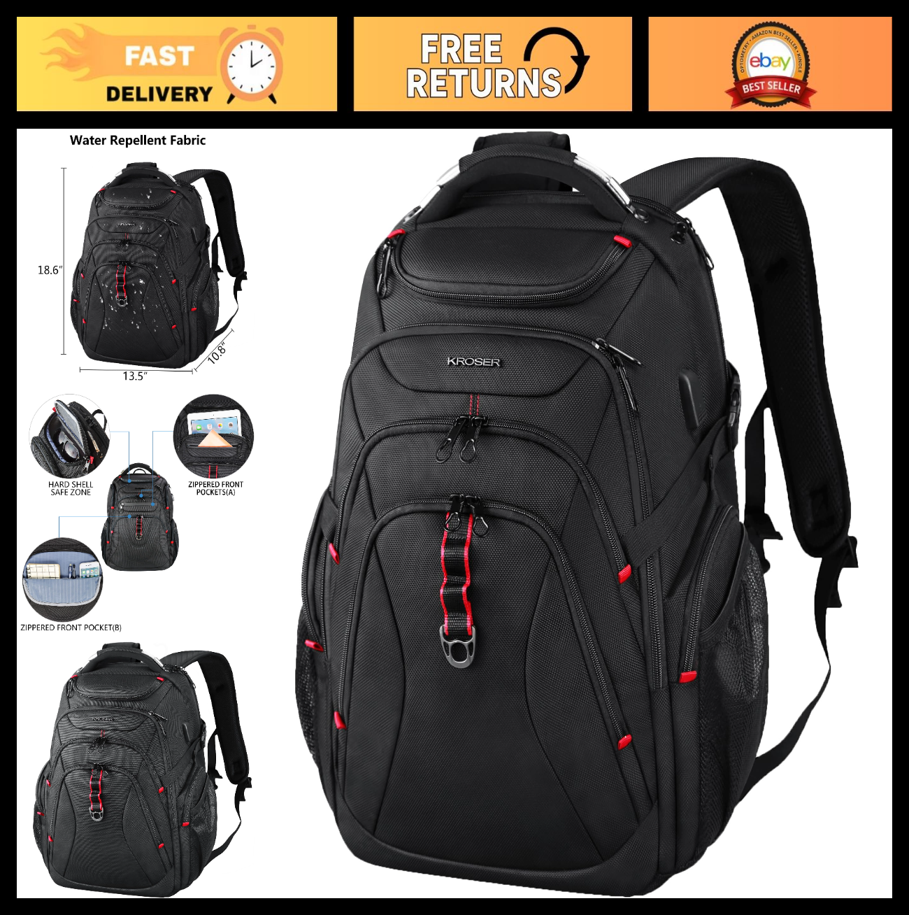 17.3" Travel Laptop Backpack, Water Repellent Business Daypack, RFID Pockets, St0