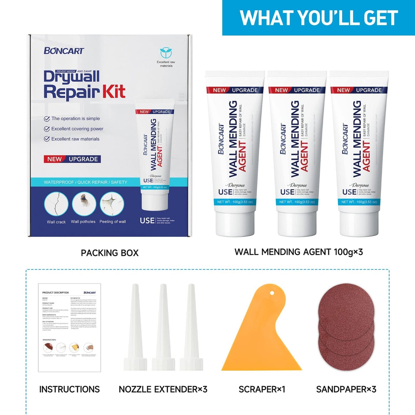 Wall Repair Kit 3 Pack   Spackle Putty with Scraper & Sandpaper for Cracks & Hol5