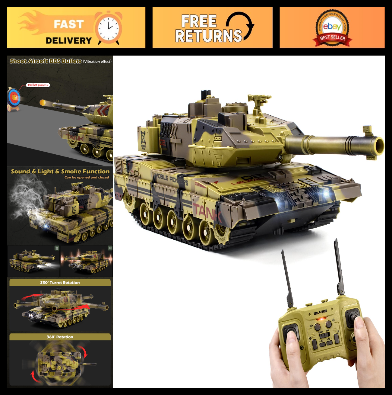 1/24 Scale RC Tank - 2.4GHz Remote Control Military Vehicle with 360° Turret, So0