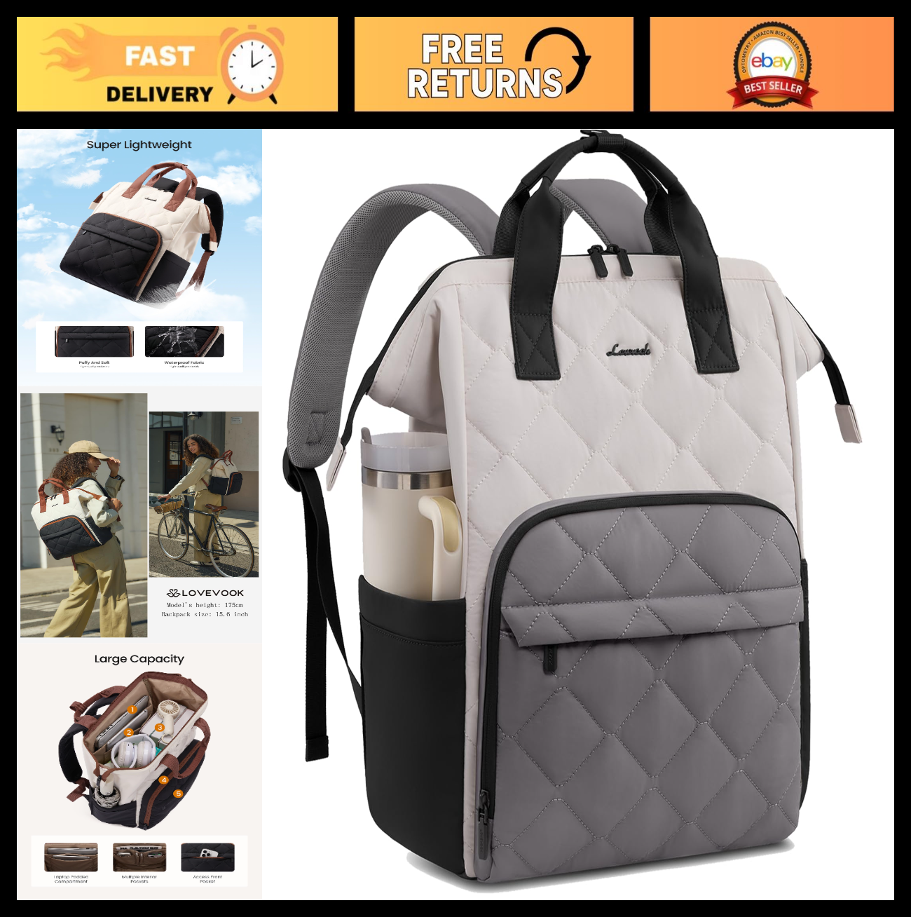 Stylish 15.6" Laptop Backpack for Women   Work Bag, Black/White/Gray, Durable &0