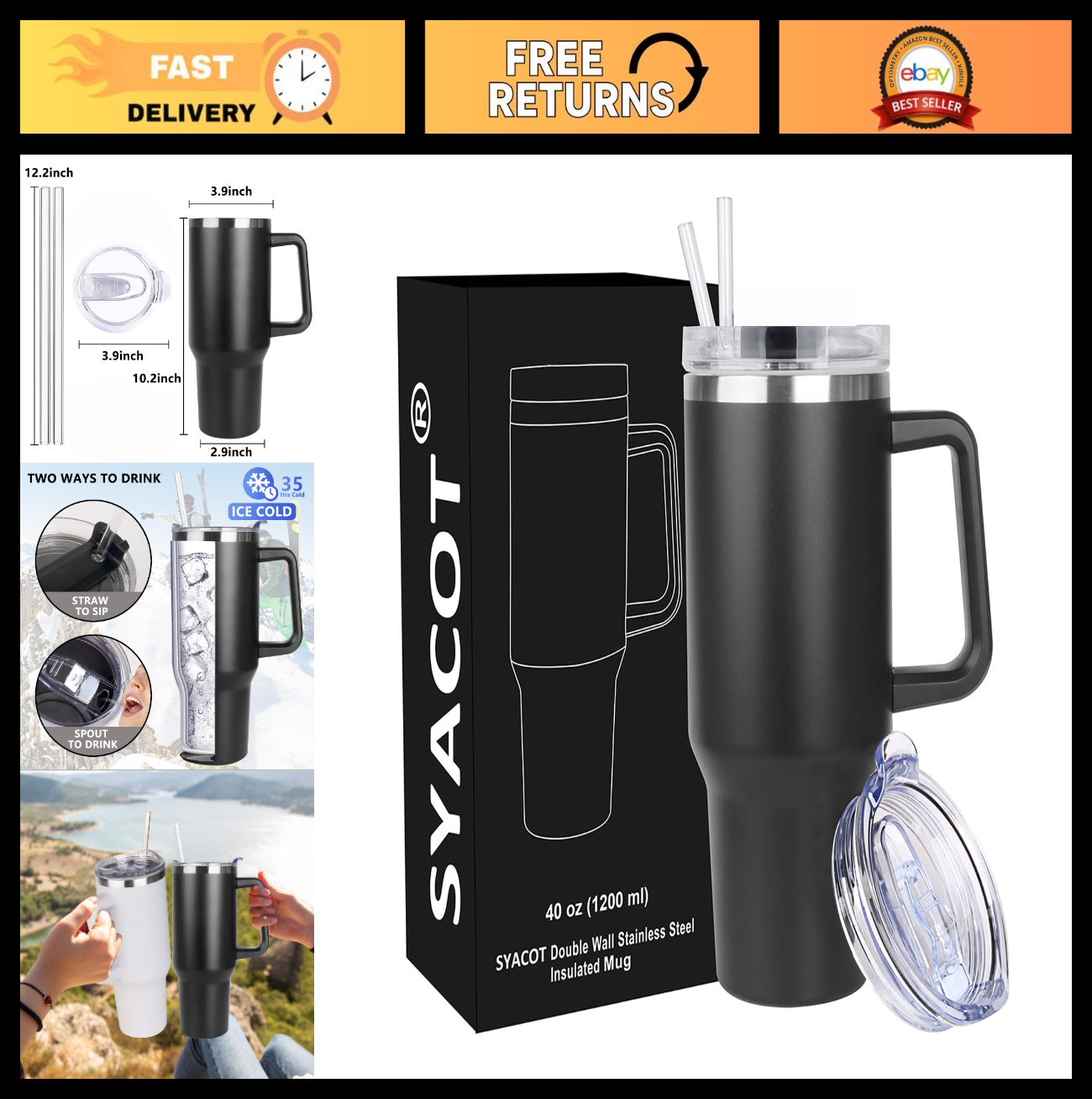40 oz Insulated Tumbler with Handle & Straw   Leak Proof, Dishwasher Safe Travel0