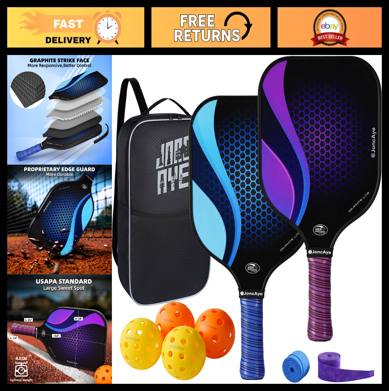 Pickleball Paddles Set of 4 or 2 - USAPA Approved, Lightweight Rackets, Balls &0