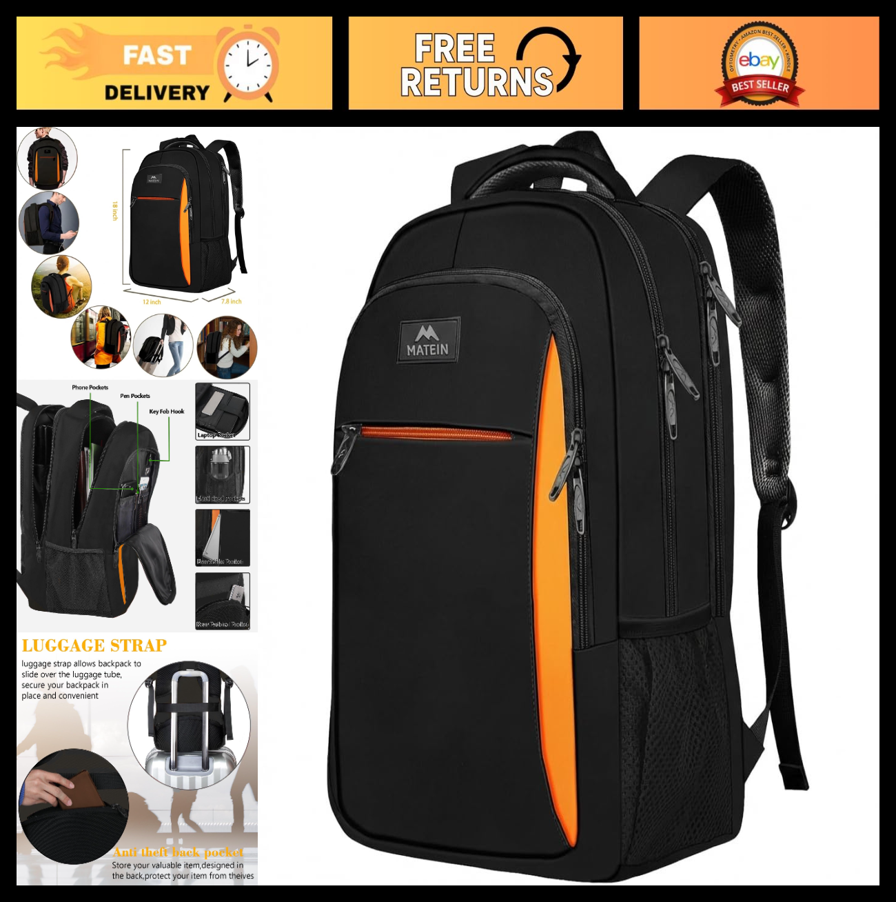 Orange Travel Backpack, Slim 15.6 Inch Laptop Bag, Durable College Rucksack0