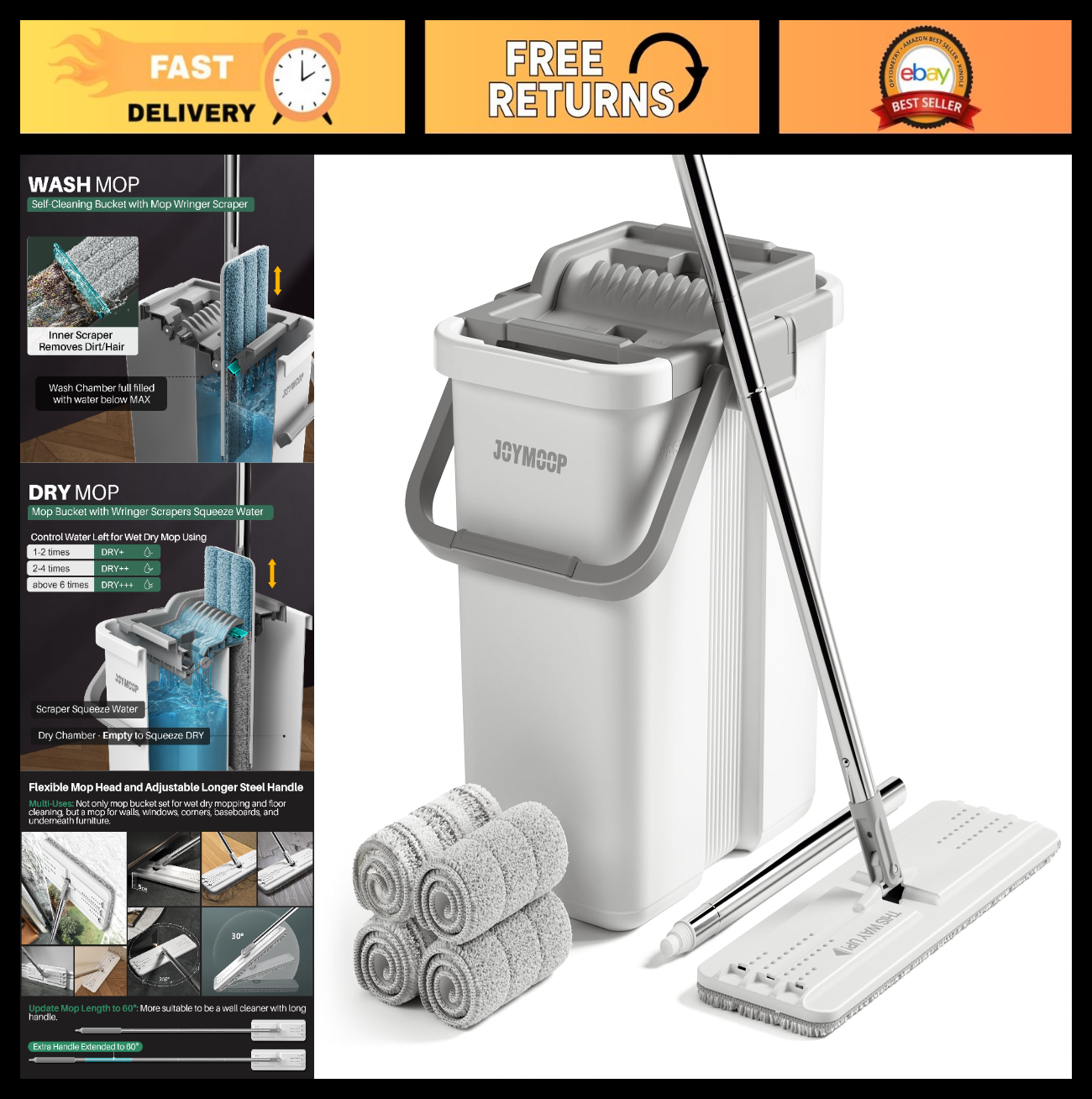 Microfiber Flat Mop System with Bucket Set - Hands-Free Floor Cleaning, Long Han0