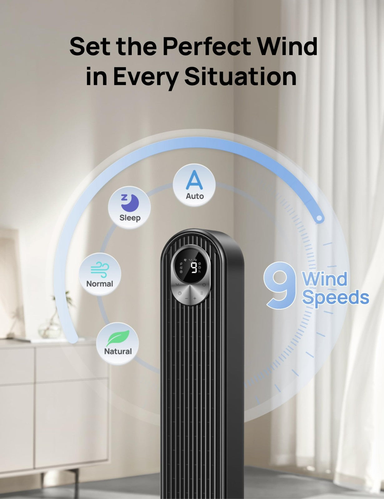 High Velocity 28ft/s Tower Fan, 20dB Quiet, 9 Speeds, 4 Modes, 12H Timer, 90° Os4