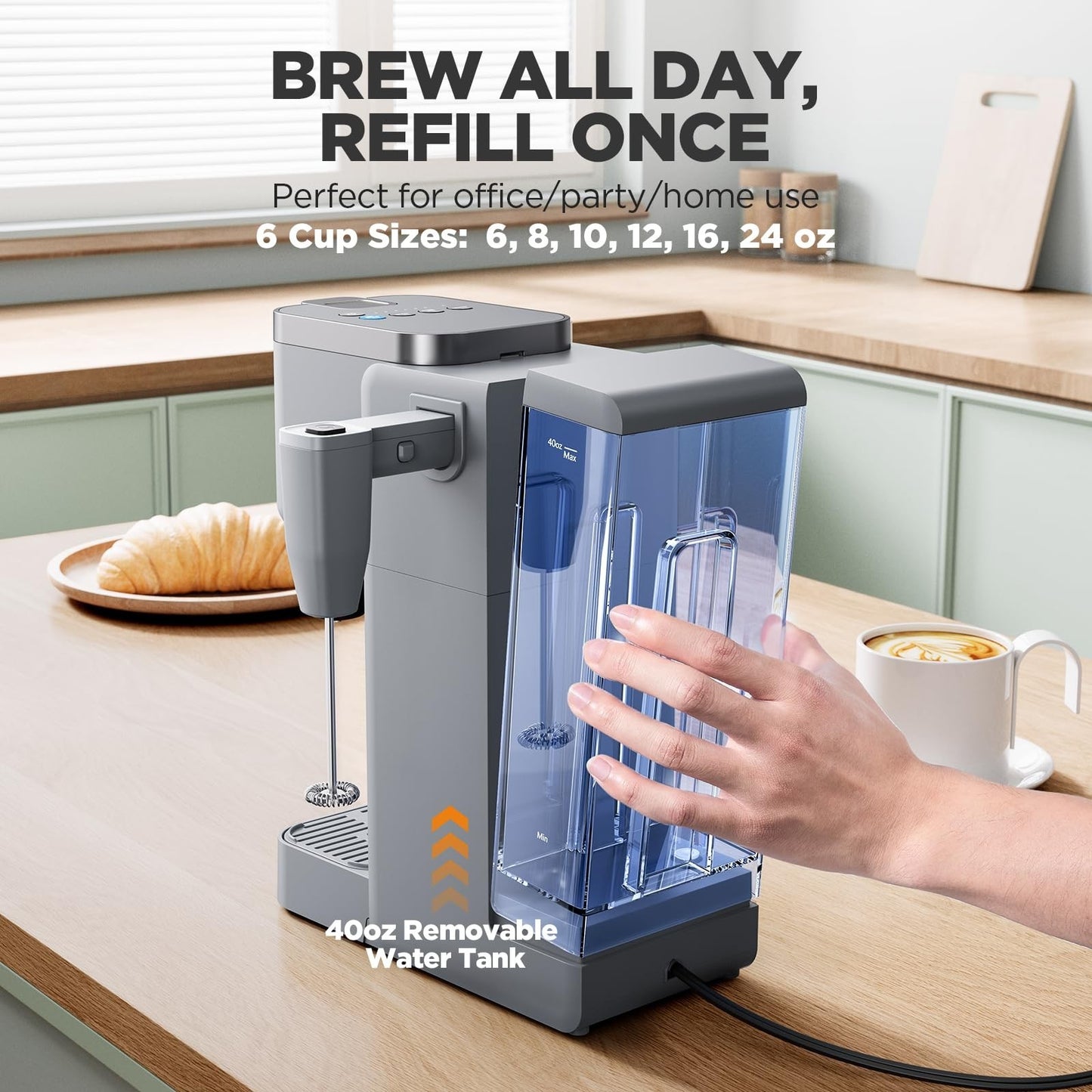 Single Serve Coffee Maker with Milk Frother, 40oz Tank, 6 Brew Sizes, BPA Free6