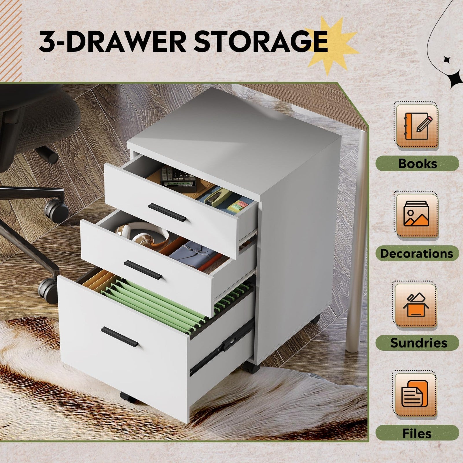 3 Drawer File Cabinet for Home Office   Wood Under Desk Storage, Rolling Printer5