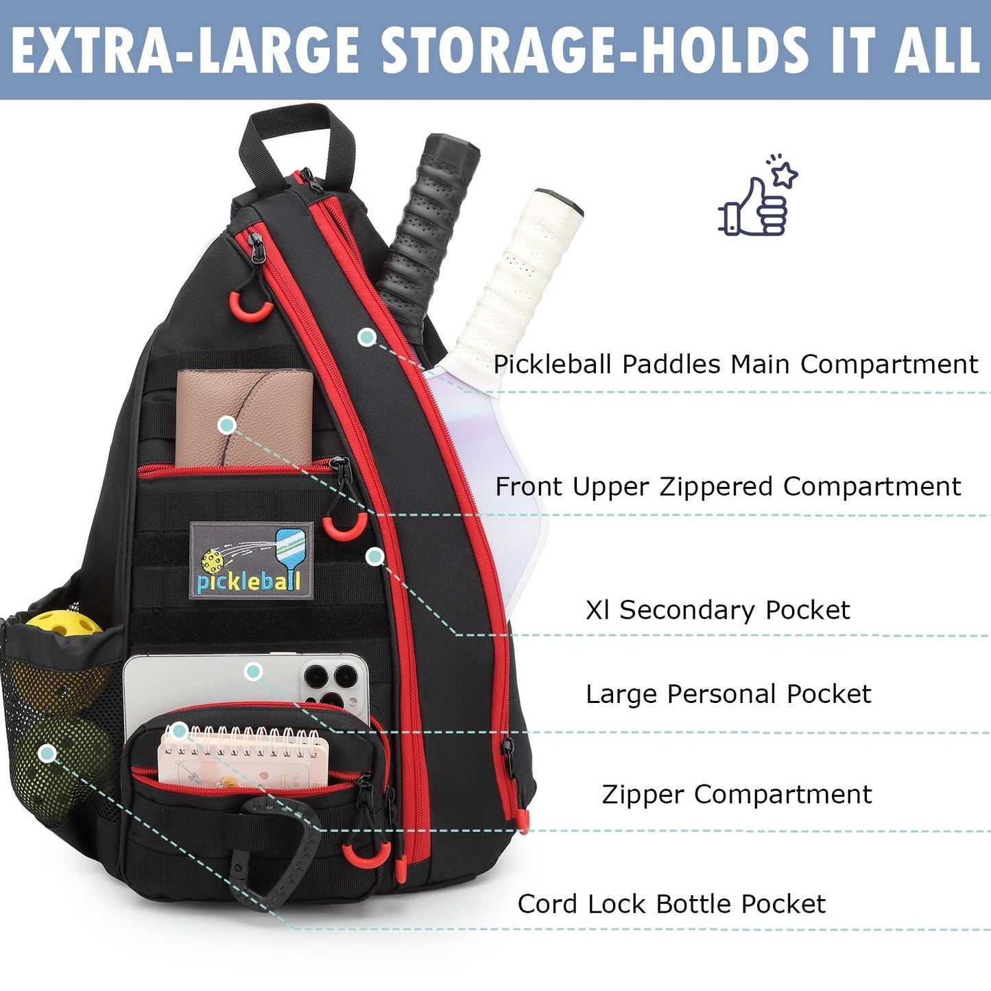 Tactical Pickleball Backpack with Adjustable Sling, Fence Hook & Water Bottle Ho3