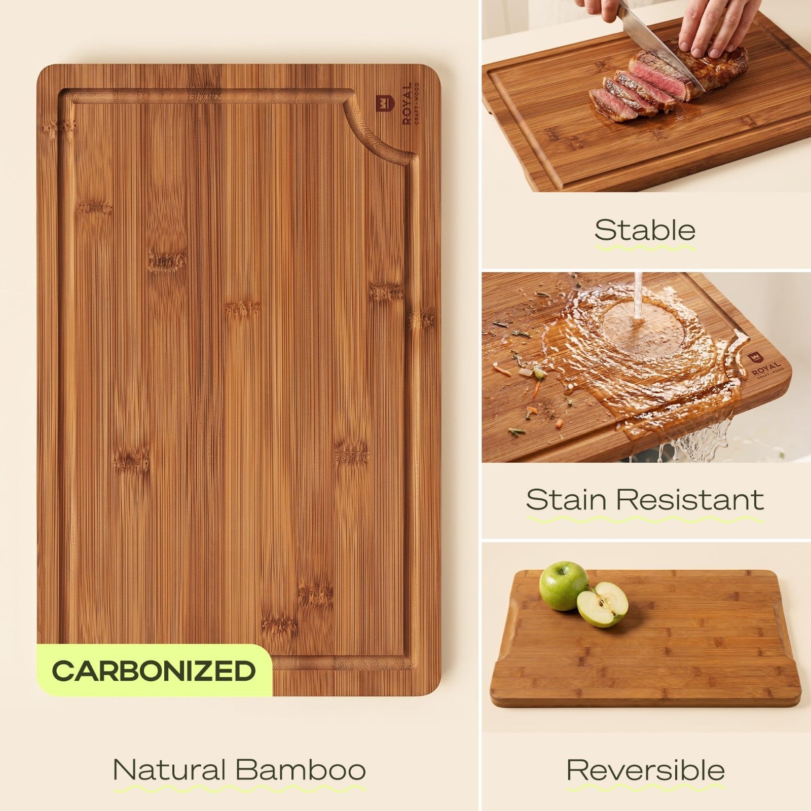 Wooden Cutting Boards Set   Bamboo Kitchen Prep & Serving Board with Juice Groov3