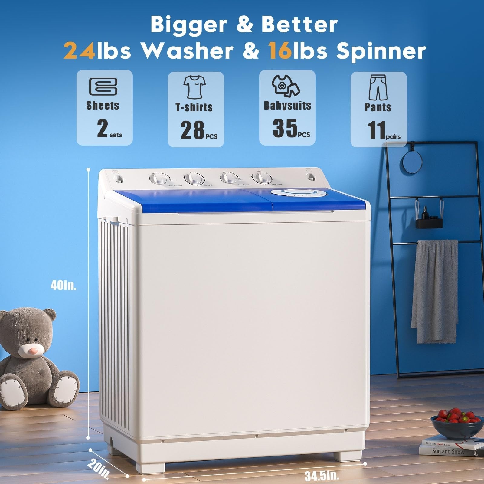 Compact Twin Tub Portable Washing Machine, 40lbs Capacity, Semi Automatic Washer2
