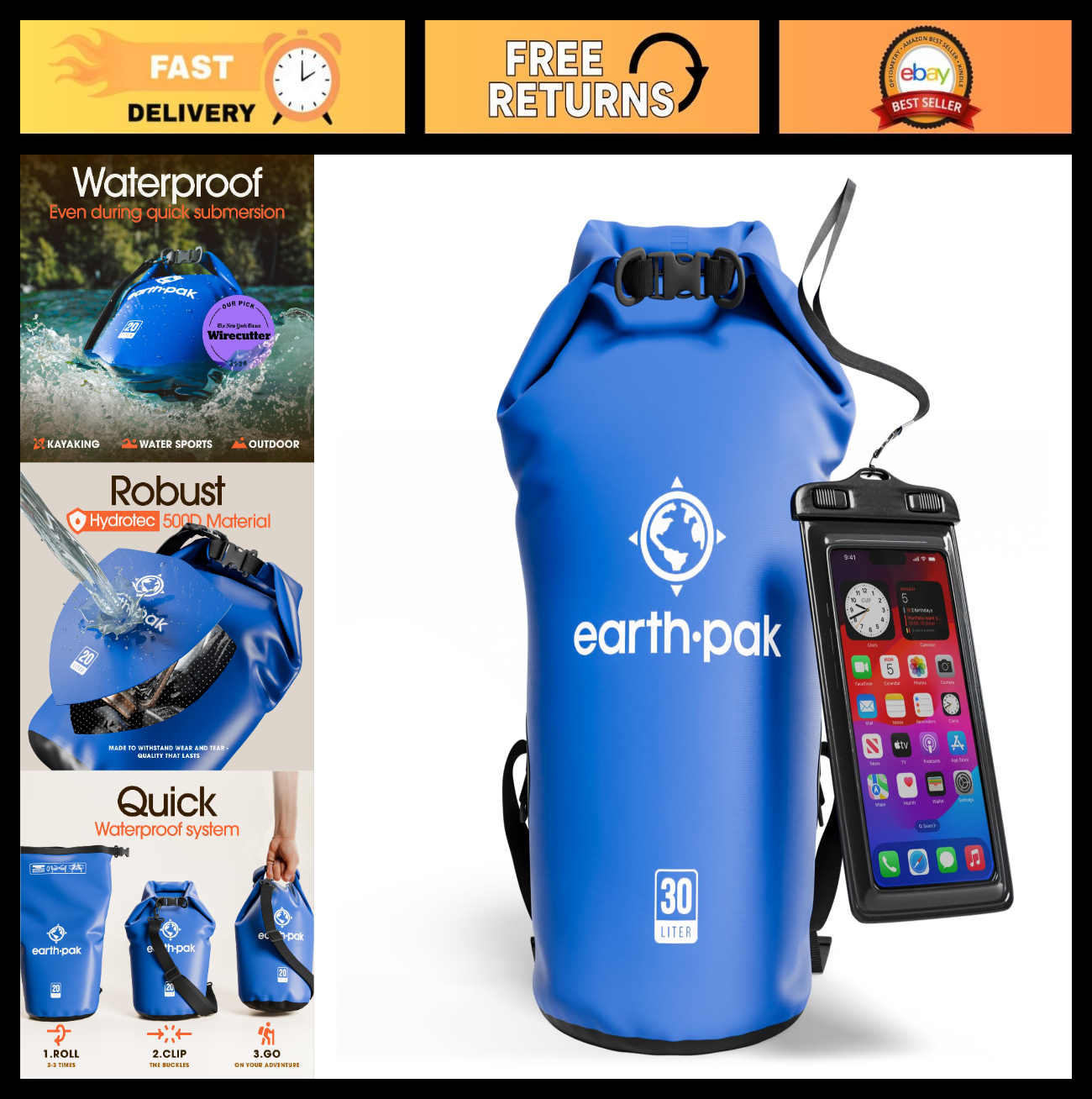 Waterproof Dry Bag Backpack   Roll Top Sack for Kayaking & Gear Storage, Phone C0