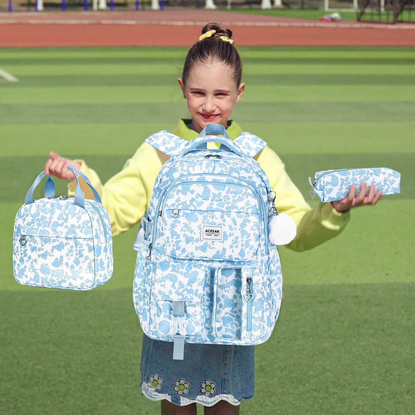 Stylish Girls Backpack with Lunch Bag & Pencil Pouch   Teen Laptop Bookbag, Blue2