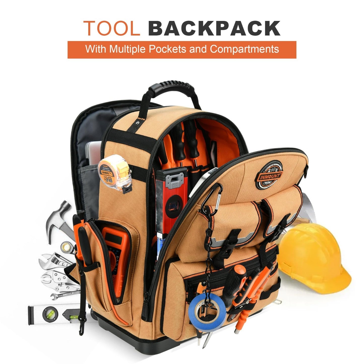 Heavy Duty Tool Backpack 18.5"   56 Pockets, Molded Bottom, Durable Brown Storag7