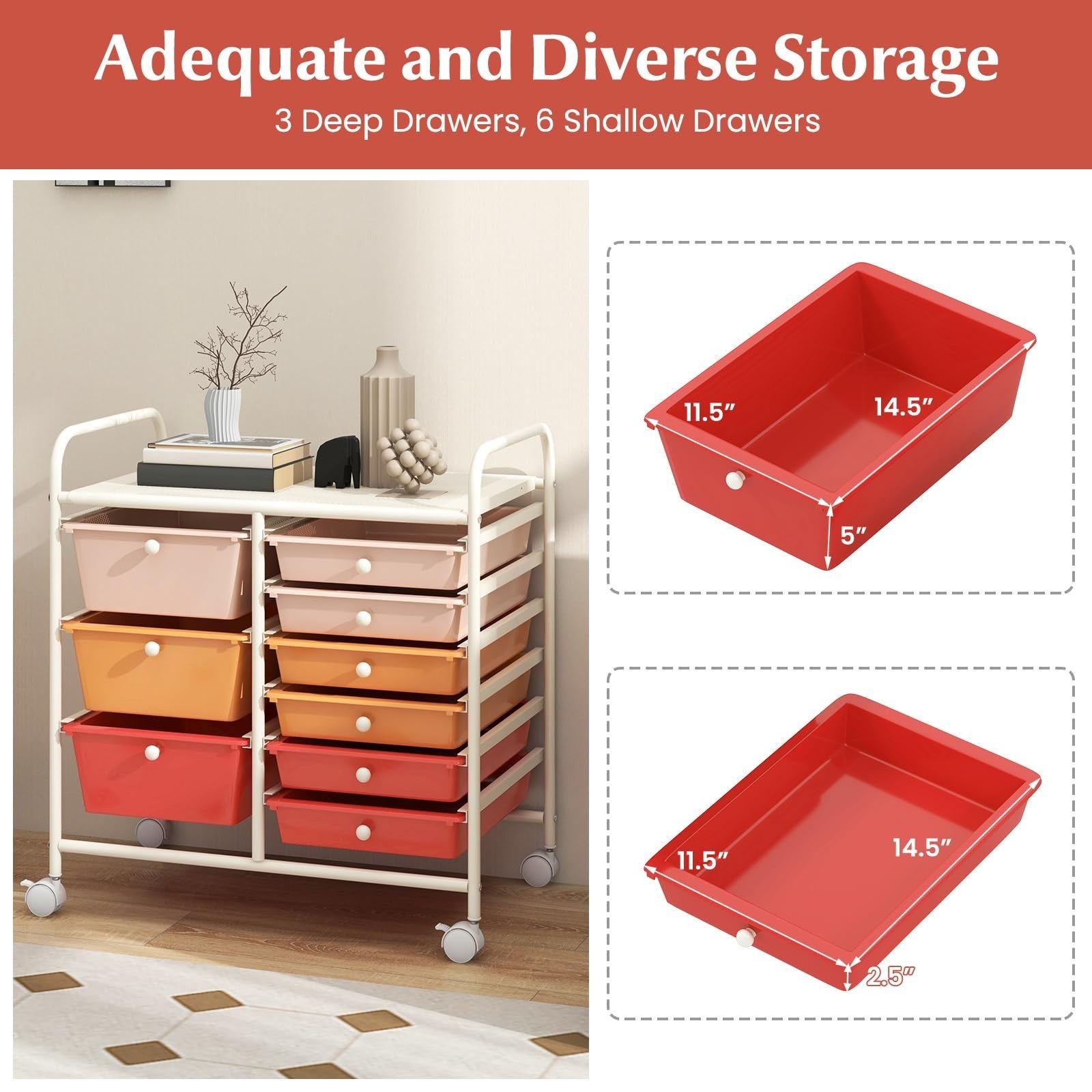 9 Drawer Rolling Storage Cart with Wheels   Mobile Under Desk Organizer for Craf3
