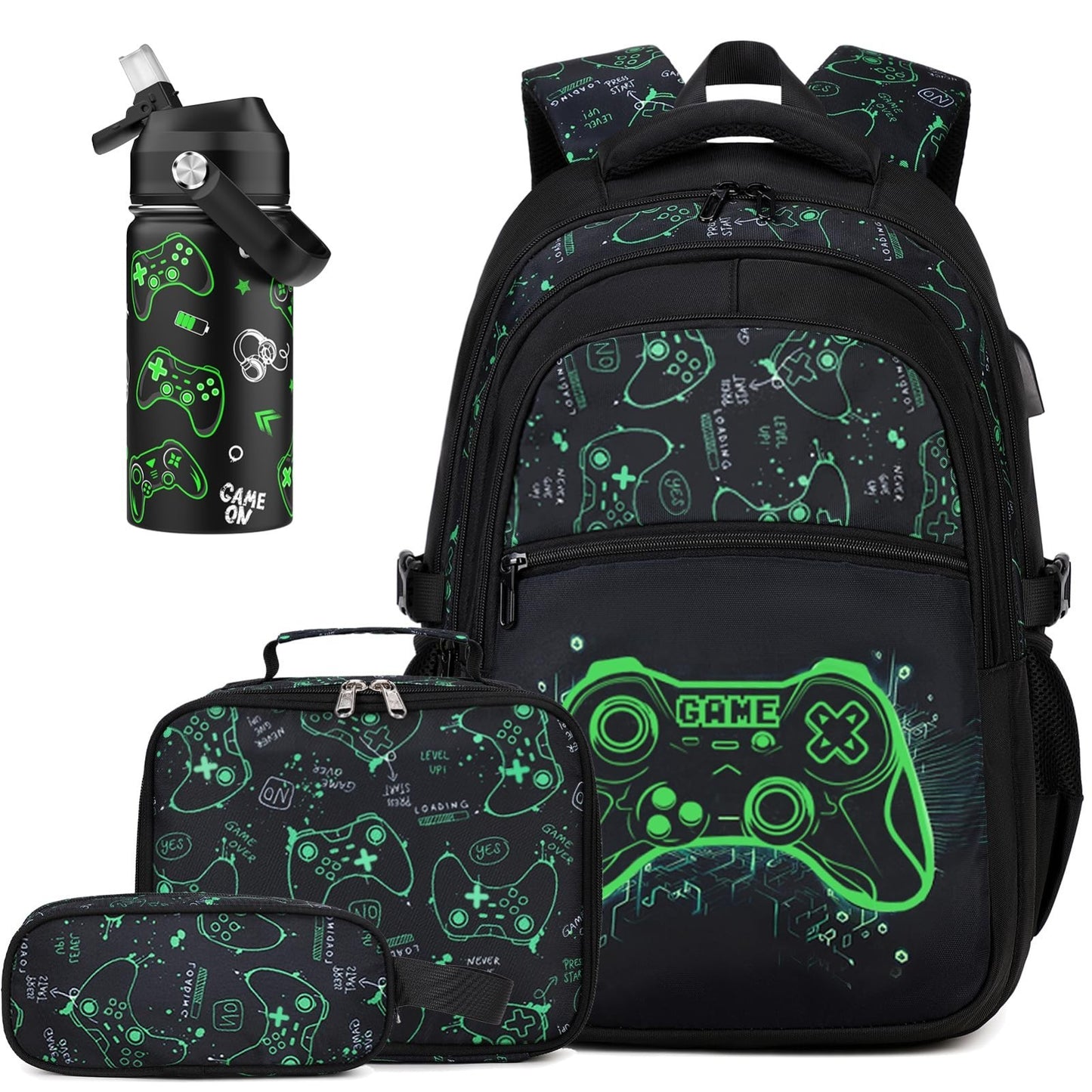 Luminous Gamer Backpack Set for Boys   6PCs with Insulated Water Bottle, Lunch B0