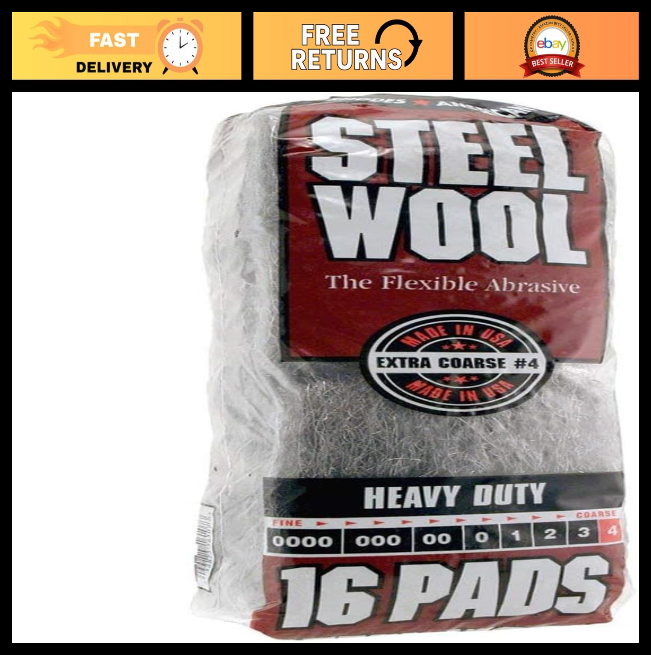 Extra Coarse Steel Wool Pads #4   Heavy Duty 16 Count, 6 Pack for Cleaning & Scr0
