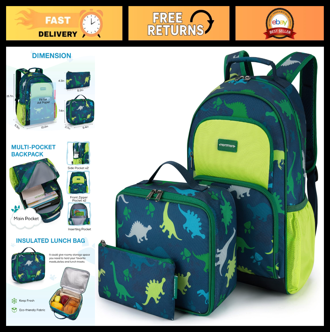 Kids Backpack Set for Kindergarten & Preschool, 3-Piece with Lunch Box & Pencil0