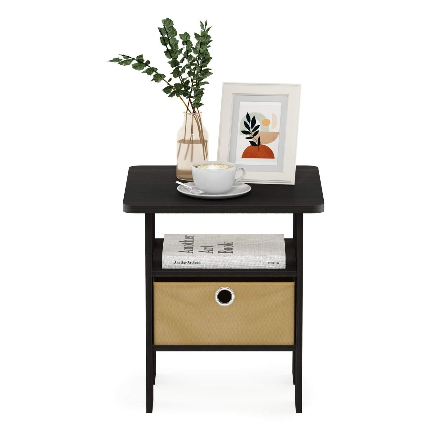Stylish Side Table with Open Shelves & Storage Bin - Nightstand for Bedroom & Li4