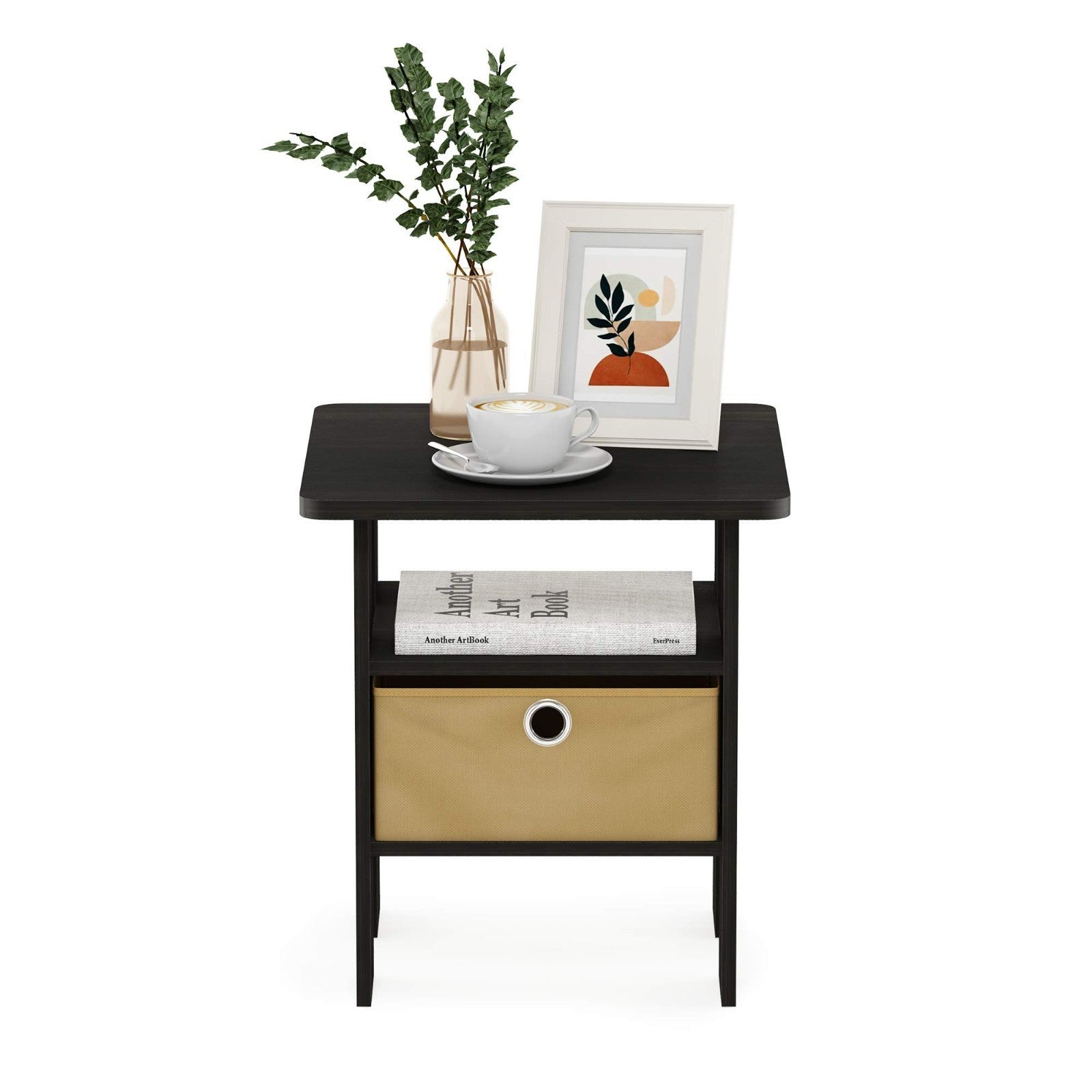 Stylish Side Table with Open Shelves & Storage Bin - Nightstand for Bedroom & Li4