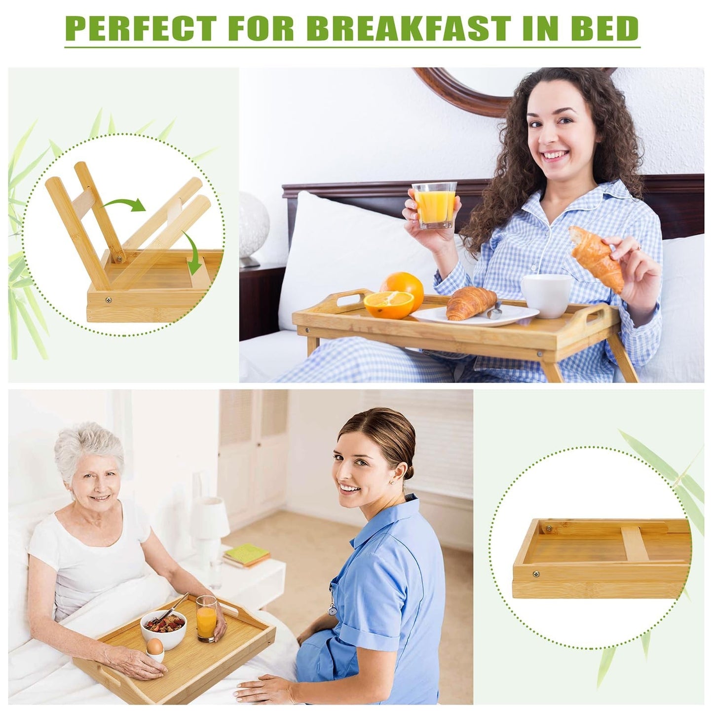 Foldable Bamboo Breakfast Tray with Legs - 2 Pack, 15.7x11.8in Serving Table for2