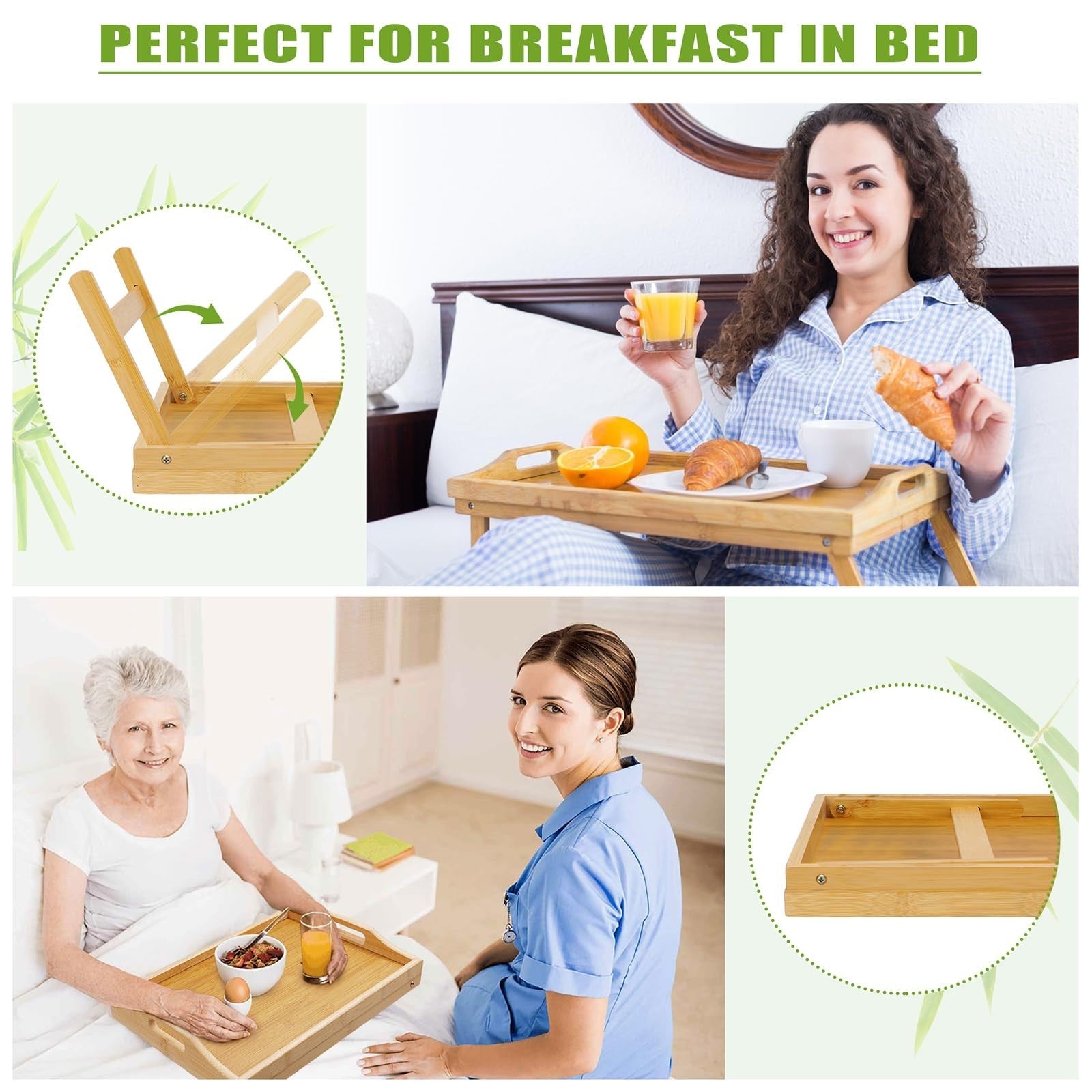Foldable Bamboo Breakfast Tray with Legs - 2 Pack, 15.7x11.8in Serving Table for2