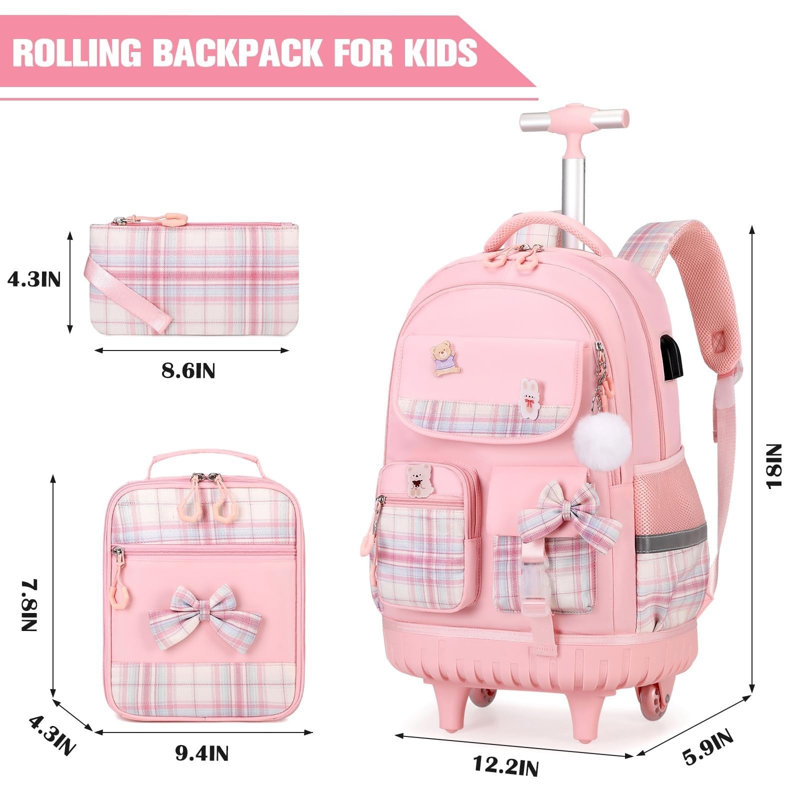 Rolling Backpack for Girls   Wheeled School Bag with Lunch Bag & Pencil Pouch, P2